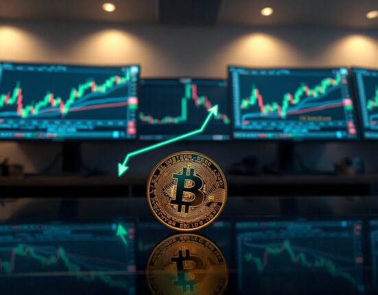 Bitcoin coin on a dark surface with a green upward arrow, representing a price increase.