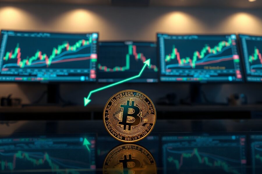 Bitcoin coin on a dark surface with a green upward arrow, representing a price increase.