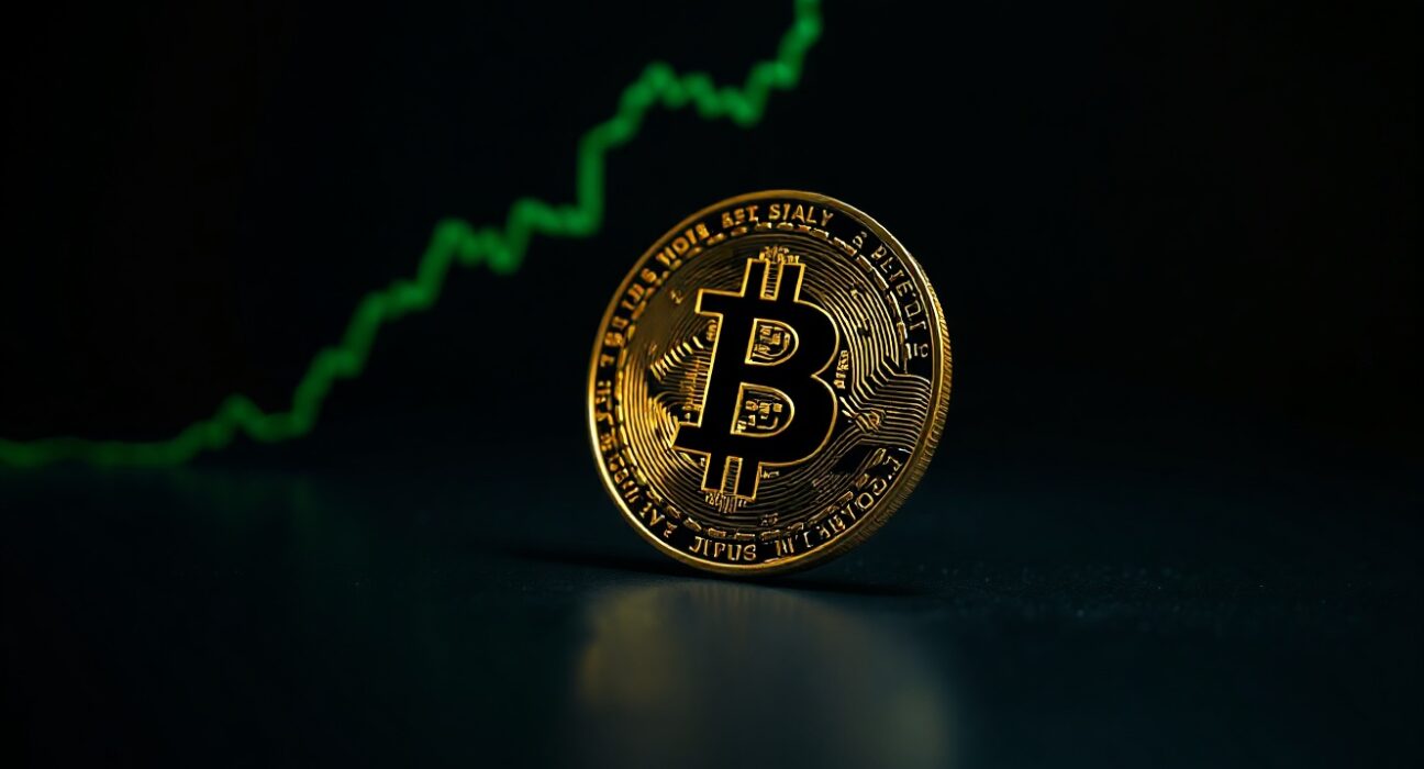 Bitcoin coin on dark surface with green upward trend line, representing price surge above $63,000.