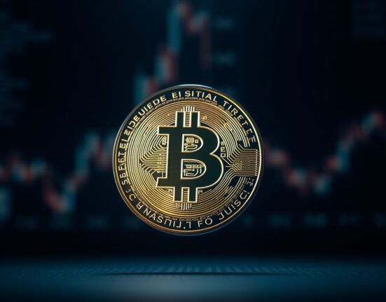 Bitcoin coin on dark surface with green upward trend line, representing price surge above $63,000.