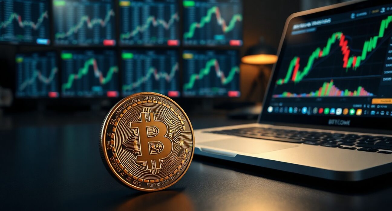 Bitcoin coin on desk next to laptop with green trading chart