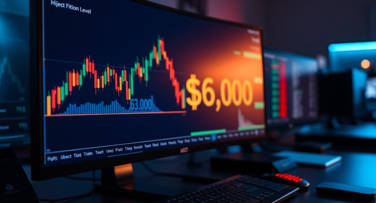 Bitcoin price chart on a trading monitor showing the $63,000 level