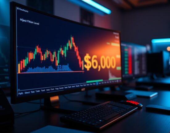 Bitcoin price chart on a trading monitor showing the $63,000 level