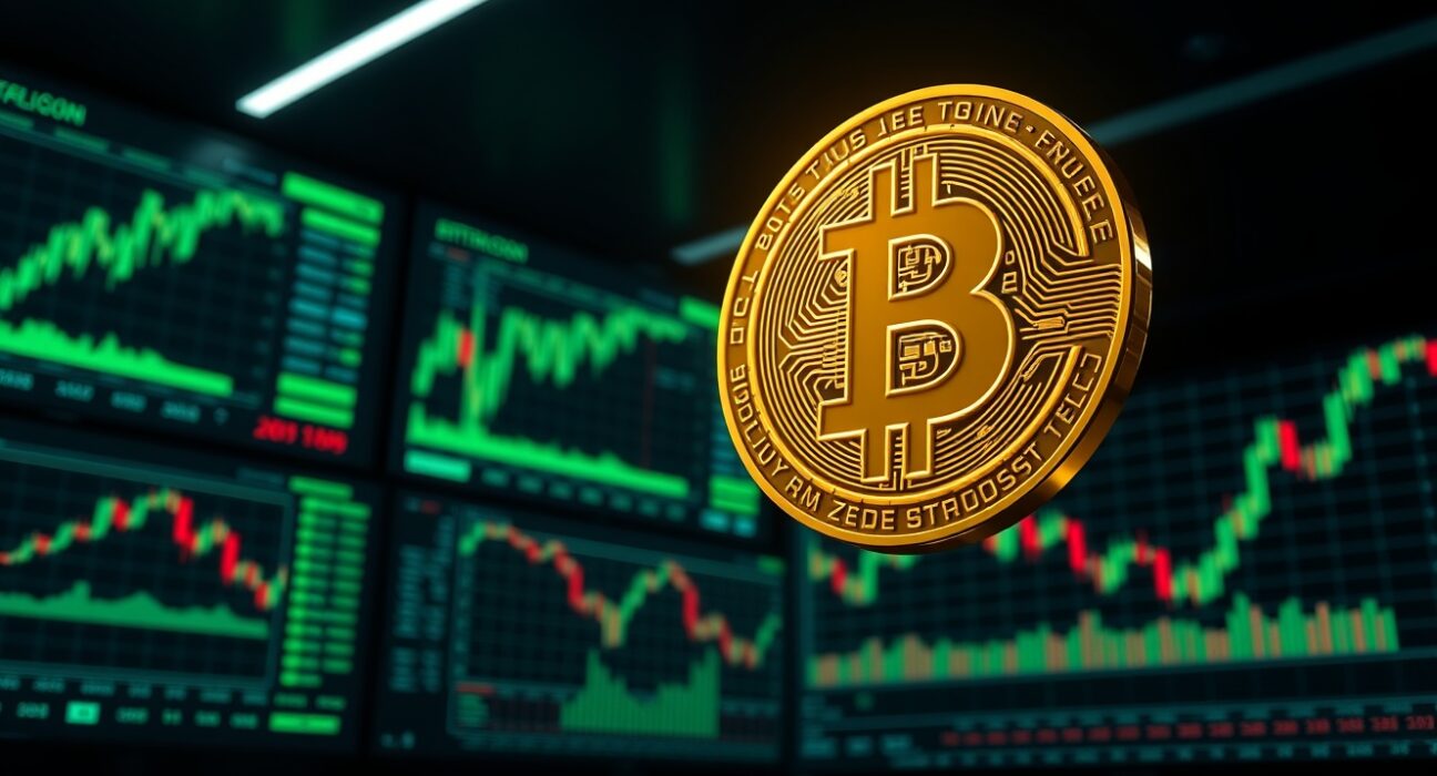 Bitcoin coin rising above digital financial charts on a trading floor background