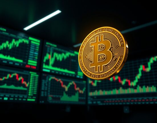 Bitcoin coin rising above digital financial charts on a trading floor background