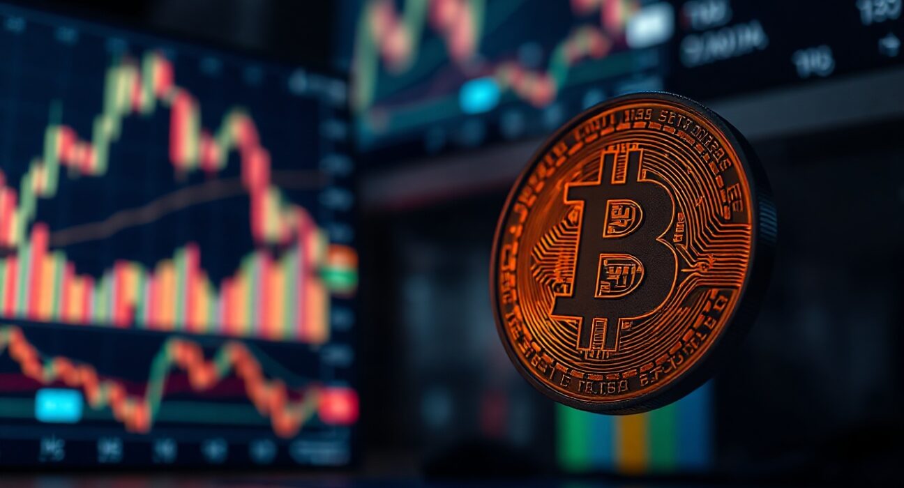 Bitcoin coin symbol in focus with blurred digital trading charts in the background