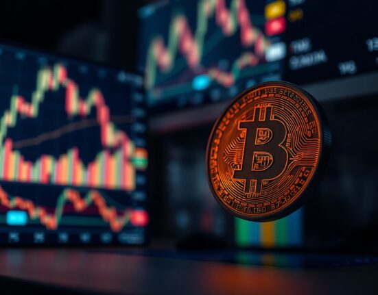 Bitcoin coin symbol in focus with blurred digital trading charts in the background