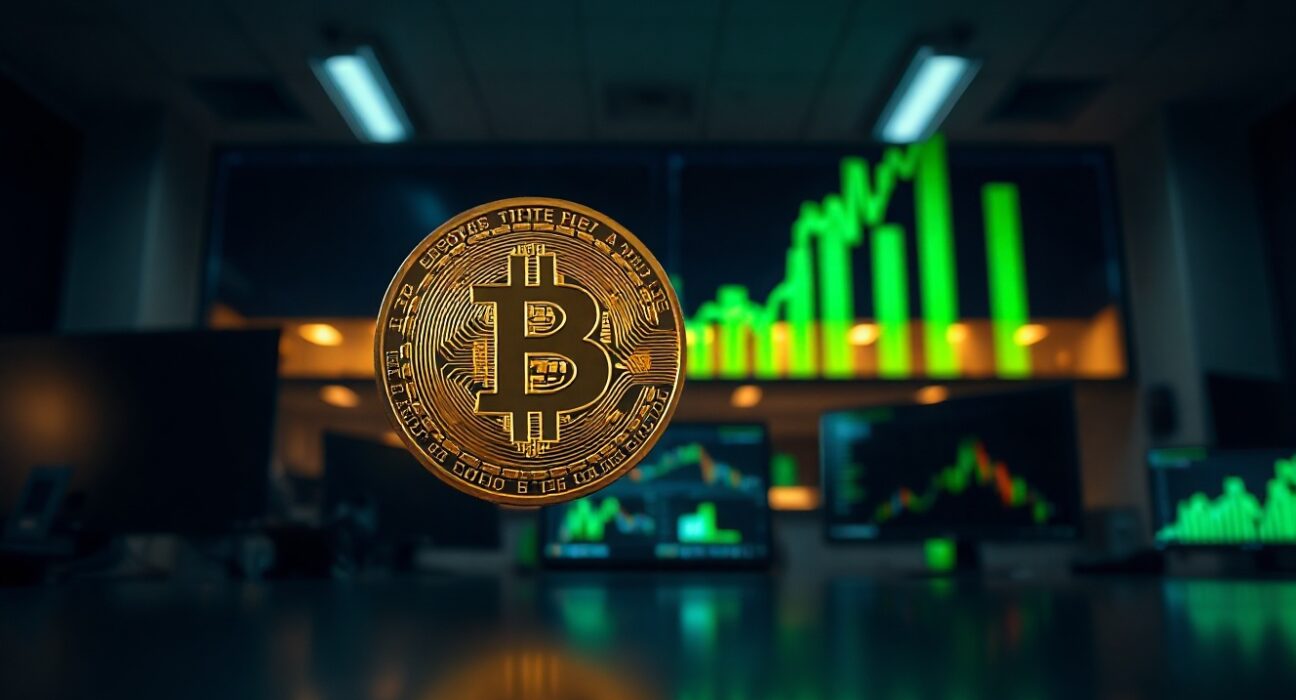 Bitcoin coin in foreground with rising green digital chart in background in a trading office.