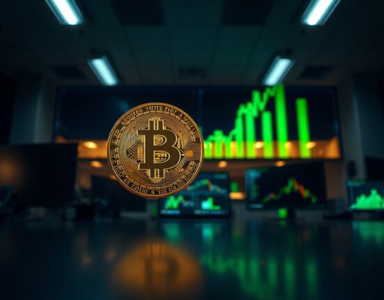 Bitcoin coin in foreground with rising green digital chart in background in a trading office.