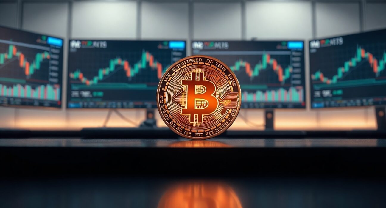 Bitcoin coin on a dark surface with upward light trail and monitors in background