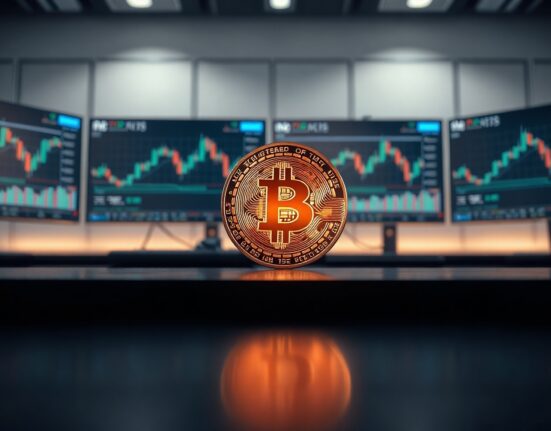 Bitcoin coin on a dark surface with upward light trail and monitors in background