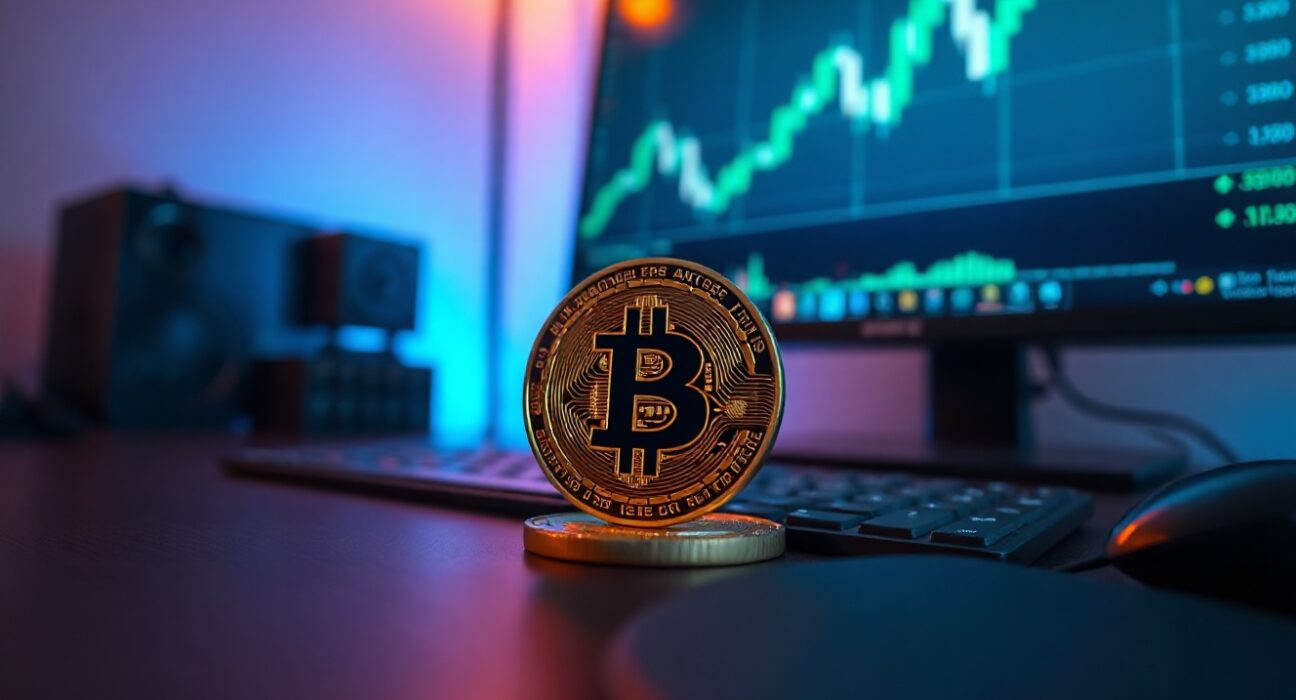Bitcoin coin resting on a desk with a monitor showing an upward price chart