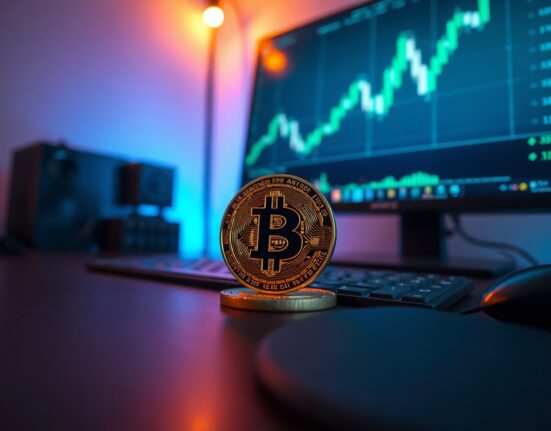 Bitcoin coin resting on a desk with a monitor showing an upward price chart