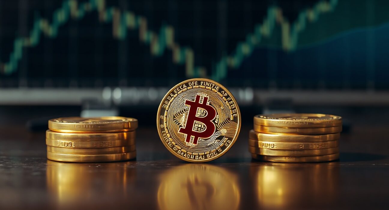 Bitcoin coin on a dark wooden table, symbolizing the recent price rise above $67,000.