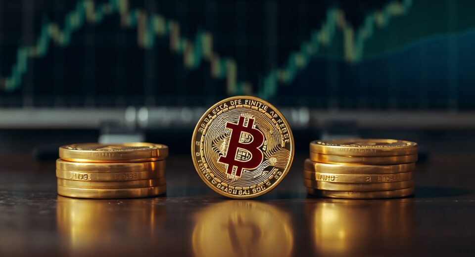 Bitcoin coin on a dark wooden table, symbolizing the recent price rise above $67,000.
