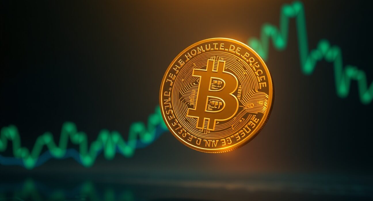 Bitcoin coin glowing against dark background with rising chart lines, symbolizing price surge past $74,000