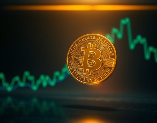Bitcoin coin glowing against dark background with rising chart lines, symbolizing price surge past $74,000