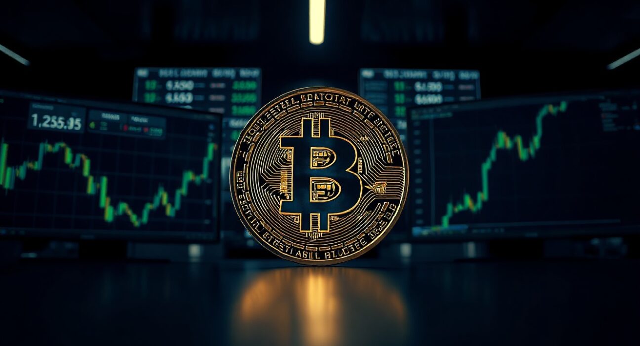 A glowing Bitcoin coin in focus with digital trading charts in the background, symbolizing a price surge.