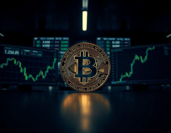 A glowing Bitcoin coin in focus with digital trading charts in the background, symbolizing a price surge.