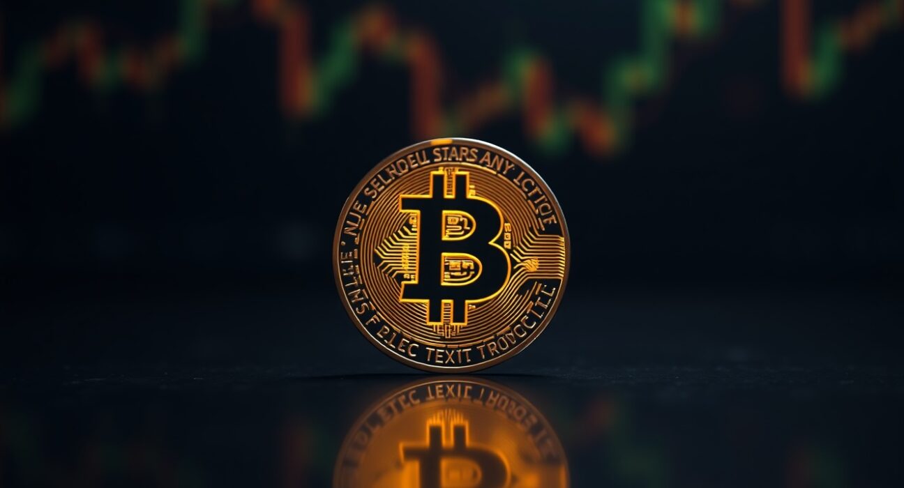 Bitcoin coin on a reflective surface with financial bokeh background, representing the $80,000 price milestone.