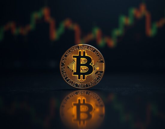Bitcoin coin on a reflective surface with financial bokeh background, representing the $80,000 price milestone.