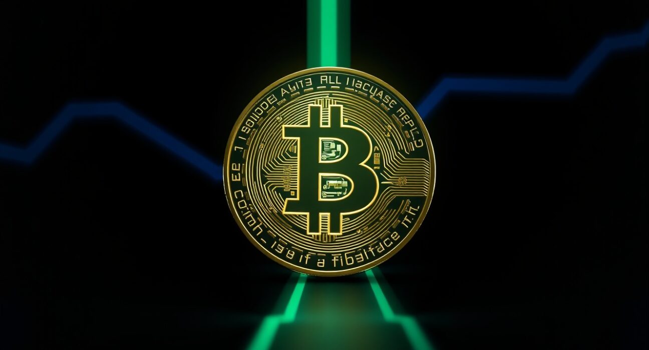 Bitcoin coin glowing against a dark background with upward price trend streaks