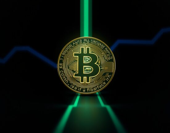 Bitcoin coin glowing against a dark background with upward price trend streaks