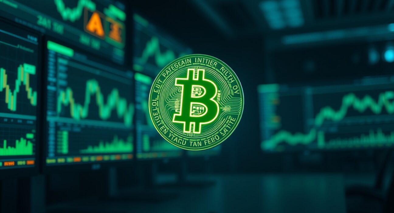 Bitcoin coin hovering above a dark trading desk with green price charts on monitors, representing the cryptocurrency breaking above $82,000.
