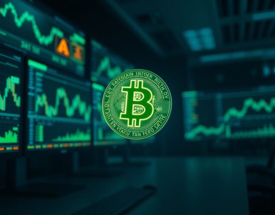 Bitcoin coin hovering above a dark trading desk with green price charts on monitors, representing the cryptocurrency breaking above $82,000.