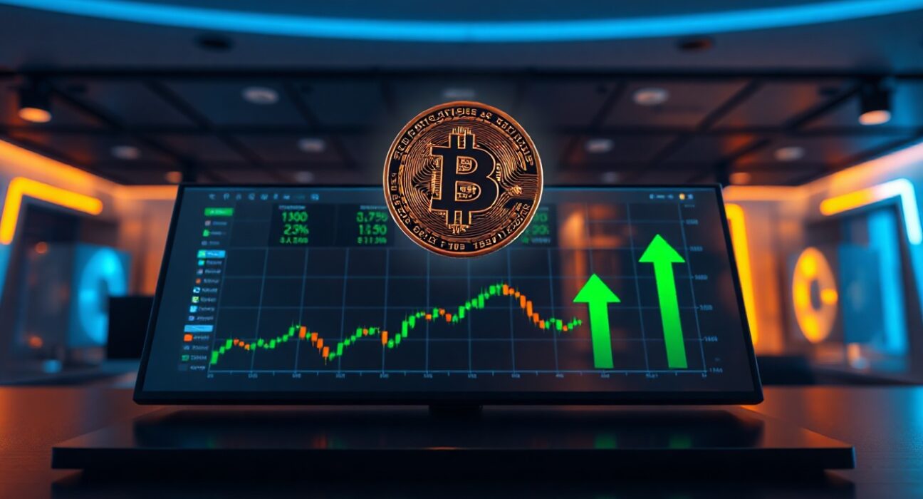 Bitcoin coin floating above a trading screen with green price charts, representing the cryptocurrency breaking above $64,000.