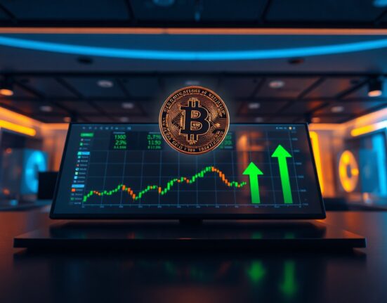 Bitcoin coin floating above a trading screen with green price charts, representing the cryptocurrency breaking above $64,000.