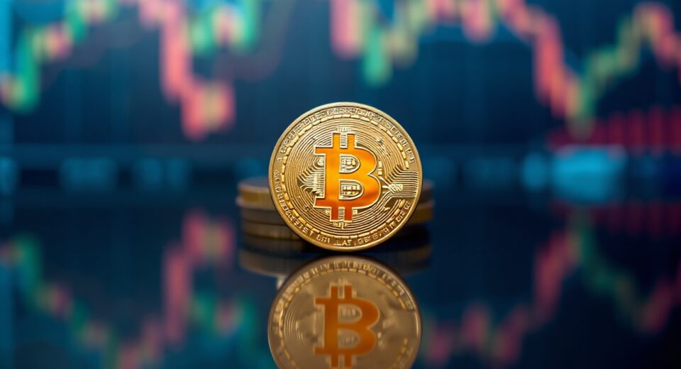 Bitcoin coin on reflective surface with financial bokeh background