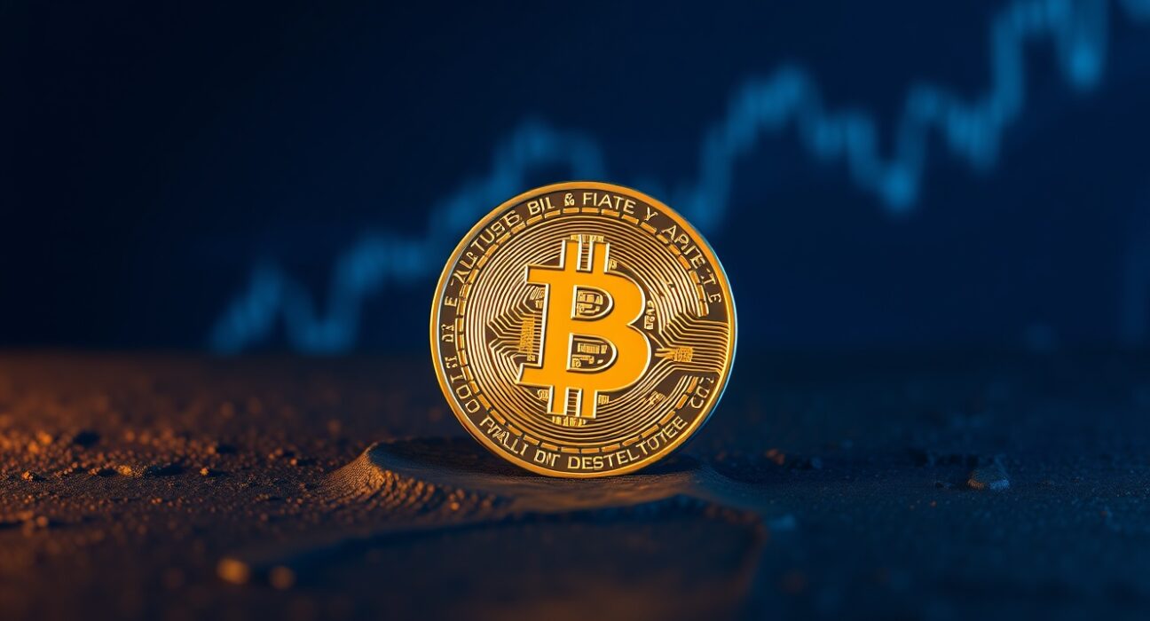 Bitcoin coin on dark surface with blue and orange ambient lighting, representing price breakout above $65,000