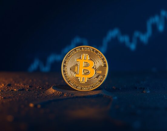 Bitcoin coin on dark surface with blue and orange ambient lighting, representing price breakout above $65,000