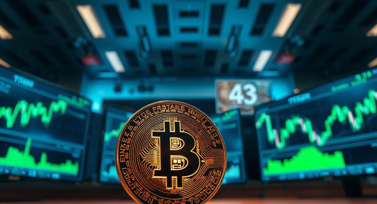 Bitcoin coin in foreground with green candlestick charts on monitors in a trading room