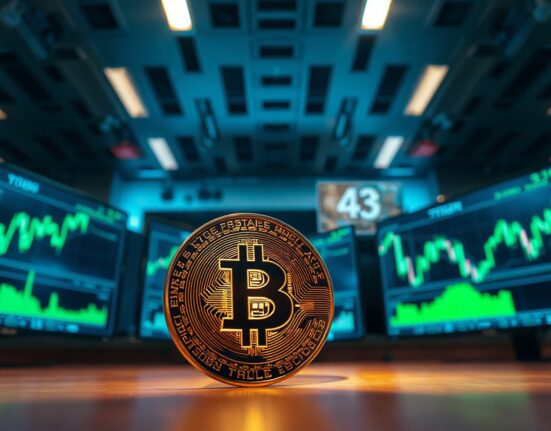 Bitcoin coin in foreground with green candlestick charts on monitors in a trading room