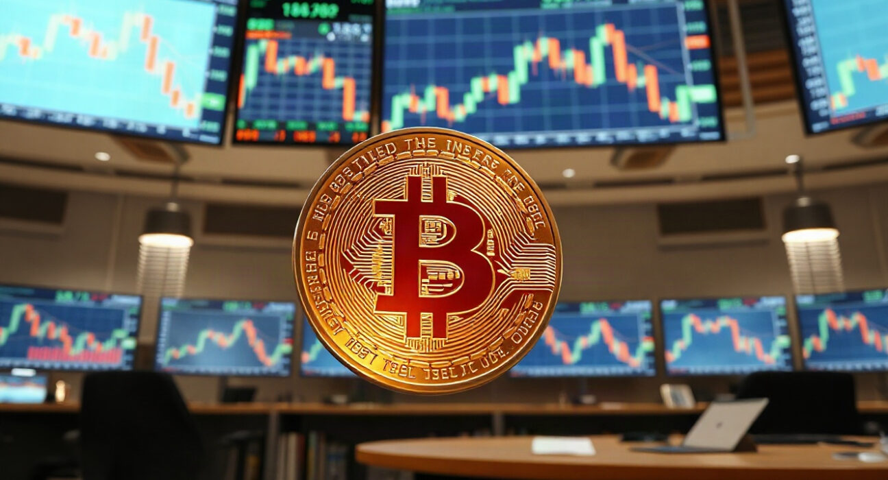 Bitcoin coin in foreground with trading screens in background, symbolizing price surge above $78,000.