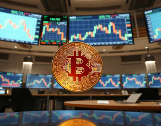 Bitcoin coin in foreground with trading screens in background, symbolizing price surge above $78,000.