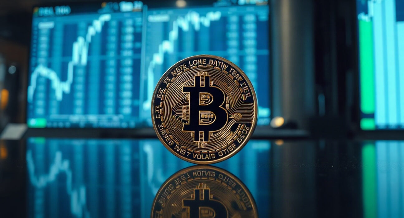 Bitcoin coin in foreground with stock chart blur, symbolizing price surge