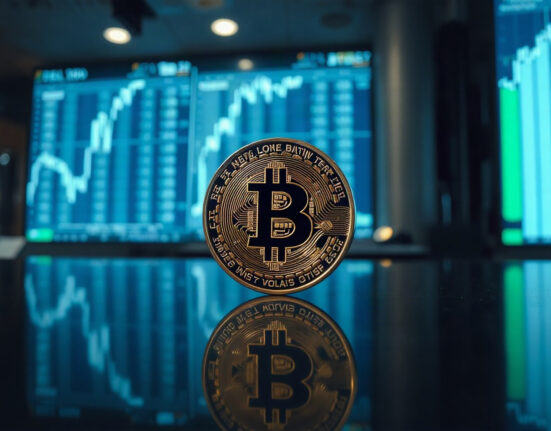 Bitcoin coin in foreground with stock chart blur, symbolizing price surge