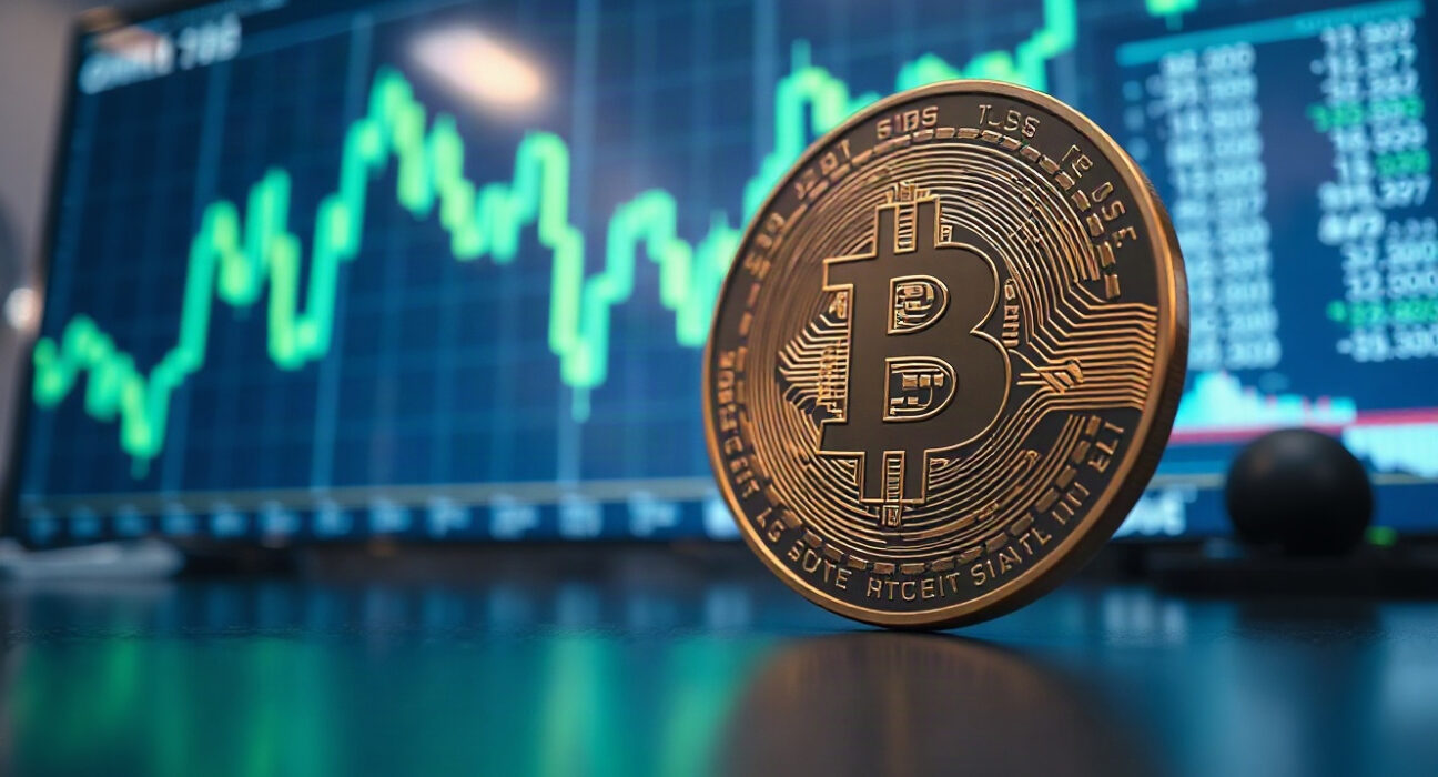 Bitcoin coin in foreground with a digital price chart rising in the background