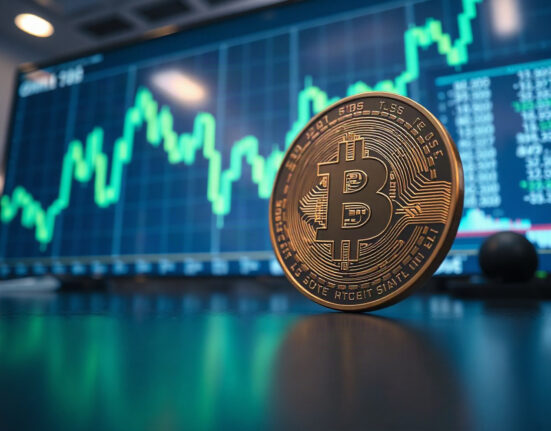 Bitcoin coin in foreground with a digital price chart rising in the background