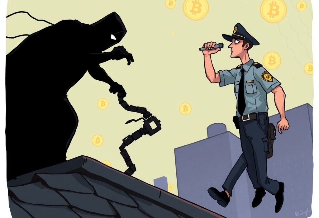 Cartoon showing police apprehending a darknet founder on a roof, symbolizing the arrest in a major Bitcoin bribery case.