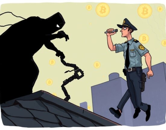 Cartoon showing police apprehending a darknet founder on a roof, symbolizing the arrest in a major Bitcoin bribery case.