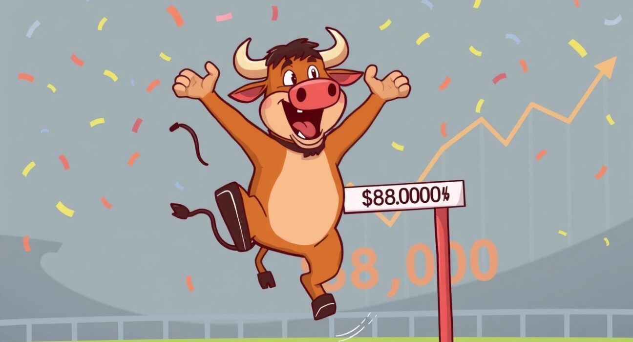 A celebratory cartoon bull leaping over the $88,000 BTC price milestone.