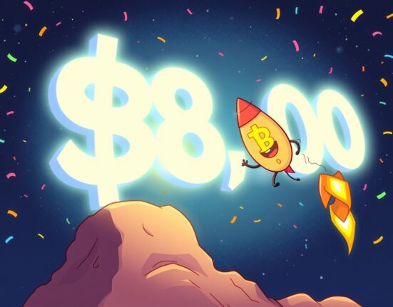 A vibrant cartoon of Bitcoin's price rocketing past the $88,000 milestone.