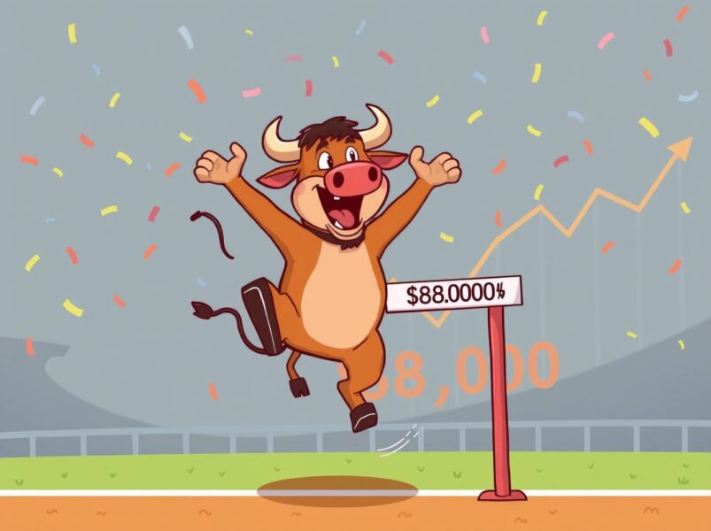 A vibrant cartoon of Bitcoin's price rocketing past the $88,000 milestone.