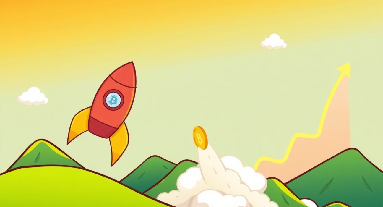 A cartoon rocket symbolizing the surging BTC price blasts off past a milestone.
