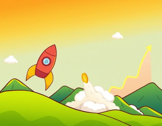A cartoon rocket symbolizing the surging BTC price blasts off past a milestone.