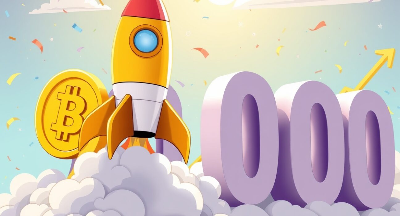 A vibrant cartoon of the BTC price rocketing past the monumental $90,000 milestone.